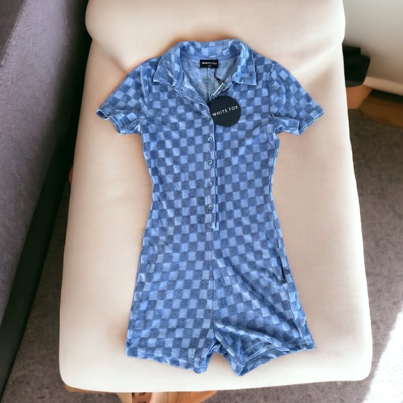 White Fox NWT Throw It Back Terry Playsuit Romper Size XS Steel Check - Picture 2 of 12